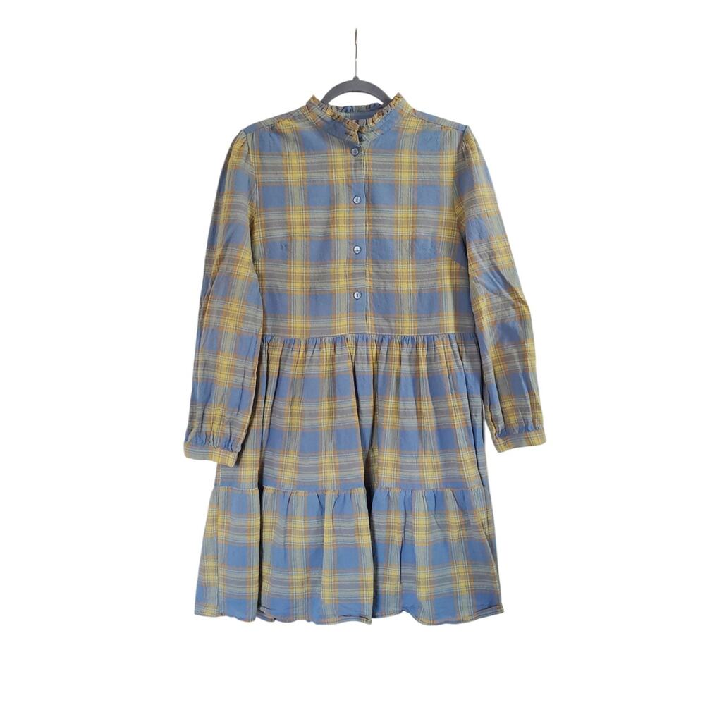 Maison Me Blue Yellow Plaid Cotton Ruffled Prairie Mini Dress, Women's Medium
